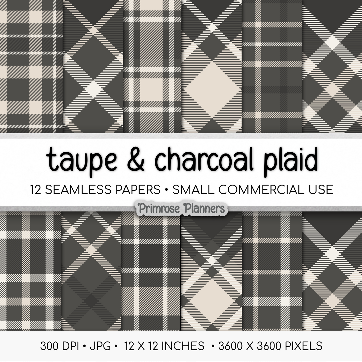 Printable Charcoal Plaid Digital Paper | Taupe Check Patterns for Planners & Scrapbooking | 12x12 Backgrounds | Instant Download