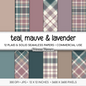 Teal Mauve and Lavender Plaid Digital Paper, Pastel Fall Seamless Patterns, Tartan Backgrounds, Commercial Use Scrapbook Pack