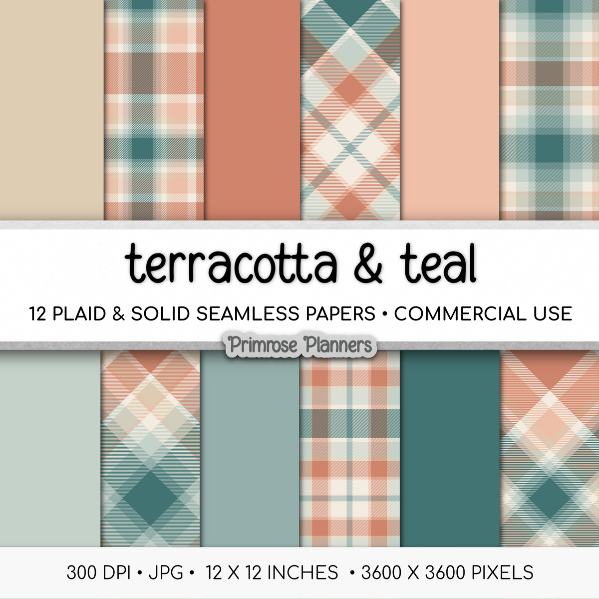 Terracotta and Teal Plaid Digital Paper, Boho Fall Seamless Patterns, Tartan Backgrounds, Commercial Use Scrapbook Pack