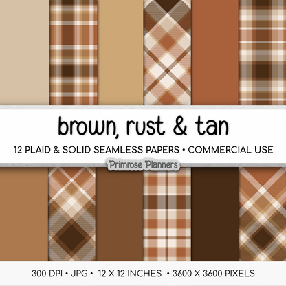 Brown Rust Tan Plaid Digital Paper, Thanksgiving Seamless Patterns, Modern Farmhouse Fall Backgrounds, Commercial Use Scrapbook Pack