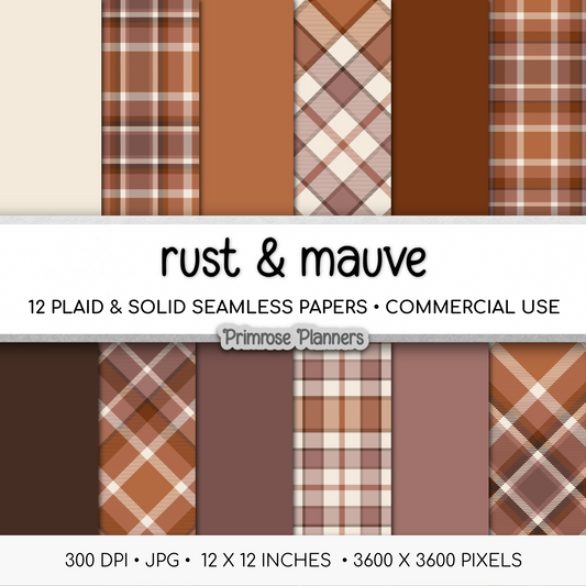 Rust and Mauve Plaid Digital Paper, Cozy Fall Seamless Patterns, Autumn Tartan Backgrounds, Commercial Use Scrapbook Pack