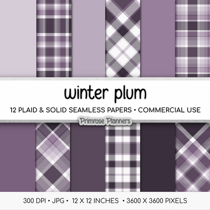 Winter Plum Plaid Digital Paper, Dark Purple Seamless Patterns, Farmhouse Gingham Scrapbook Backgrounds, Minimalist Commercial Use