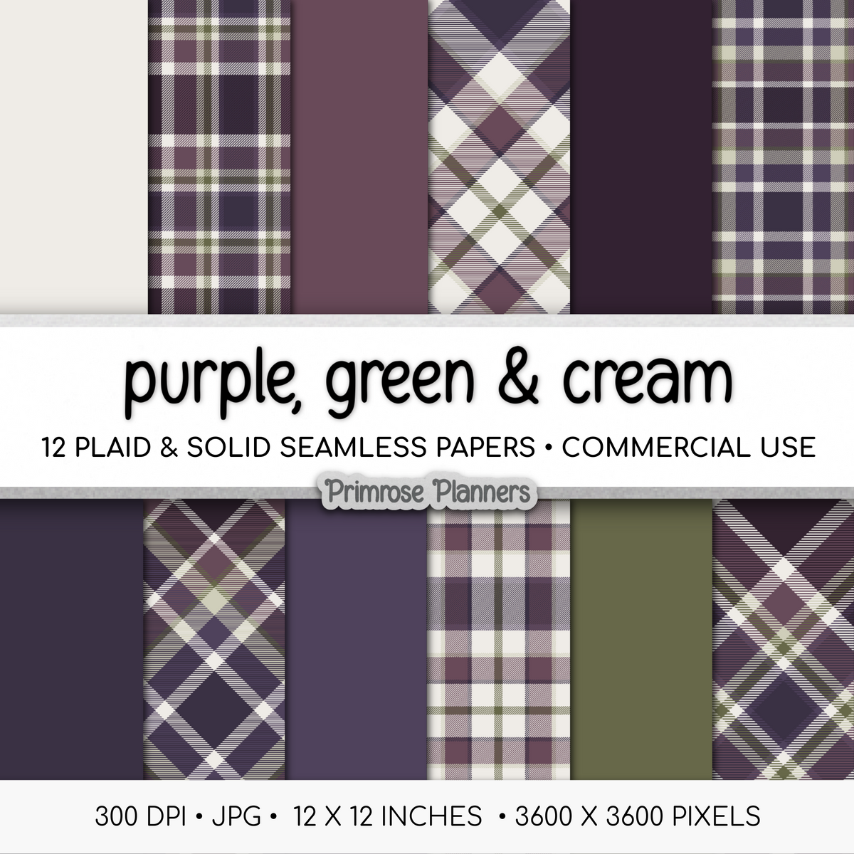 Plum Purple and Green Plaid Digital Paper, Moody Seamless Patterns, Tartan Backgrounds, Commercial Use Scrapbook Paper Pack