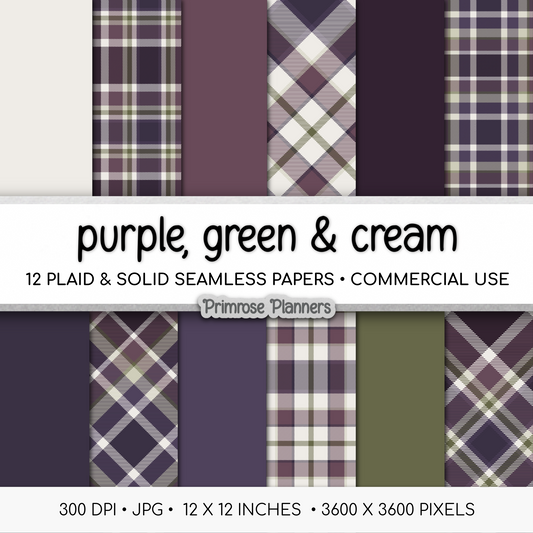 Plum Purple and Green Plaid Digital Paper, Moody Seamless Patterns, Tartan Backgrounds, Commercial Use Scrapbook Paper Pack