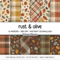 Rust and Olive Autumn Digital Paper, Fall Botanical Leaf Patterns, Plaid Backgrounds, Cozy Thanksgiving Scrapbook Paper