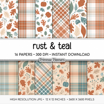 Rust and Teal Autumn Digital Paper, Fall Botanical Leaf Patterns, Plaid Backgrounds, Cute Thanksgiving Scrapbook Paper