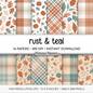 Rust and Teal Autumn Digital Paper, Fall Botanical Leaf Patterns, Plaid Backgrounds, Cute Thanksgiving Scrapbook Paper