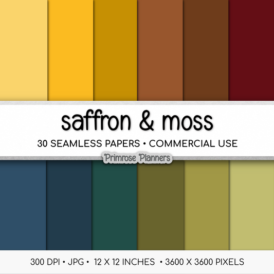 Solid Digital Paper Saffron and Moss | Earthy Botanical Palette | Mustard Yellow, Moss Green, Navy Blue, Maroon | Digital Cardstock