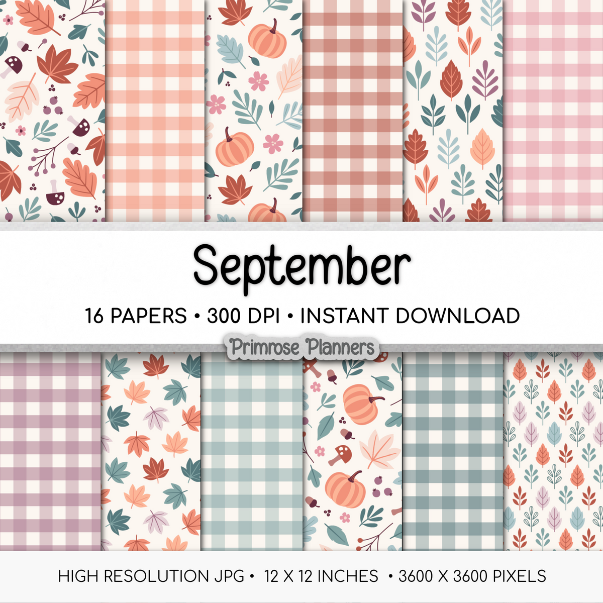 Pastel Autumn Digital Paper Pack, September Fall Scrapbook Backgrounds, Cute Pumpkin Mushroom Prints, Pink Gingham Plaid