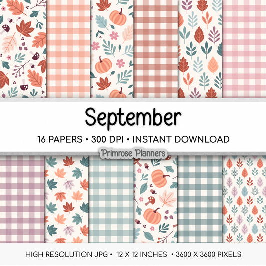 Pastel Autumn Digital Paper Pack, September Fall Scrapbook Backgrounds, Cute Pumpkin Mushroom Prints, Pink Gingham Plaid