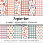 Pastel Autumn Digital Paper Pack, September Fall Scrapbook Backgrounds, Cute Pumpkin Mushroom Prints, Pink Gingham Plaid