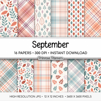 Soft Fall Digital Paper Set, Pastel Autumn Botanical Prints, Muted Teal Peach Plaid Backgrounds, September Scrapbook Paper