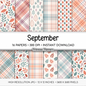 Soft Fall Digital Paper Set, Pastel Autumn Botanical Prints, Muted Teal Peach Plaid Backgrounds, September Scrapbook Paper