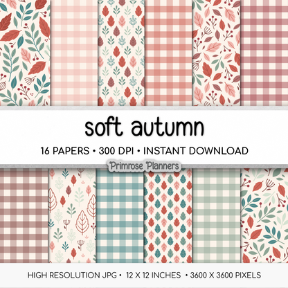 Soft Autumn Digital Paper, Pastel Pumpkin Mushroom Patterns, Sage Green Plaid Backgrounds, Cozy Fall Thanksgiving Scrapbook Pack