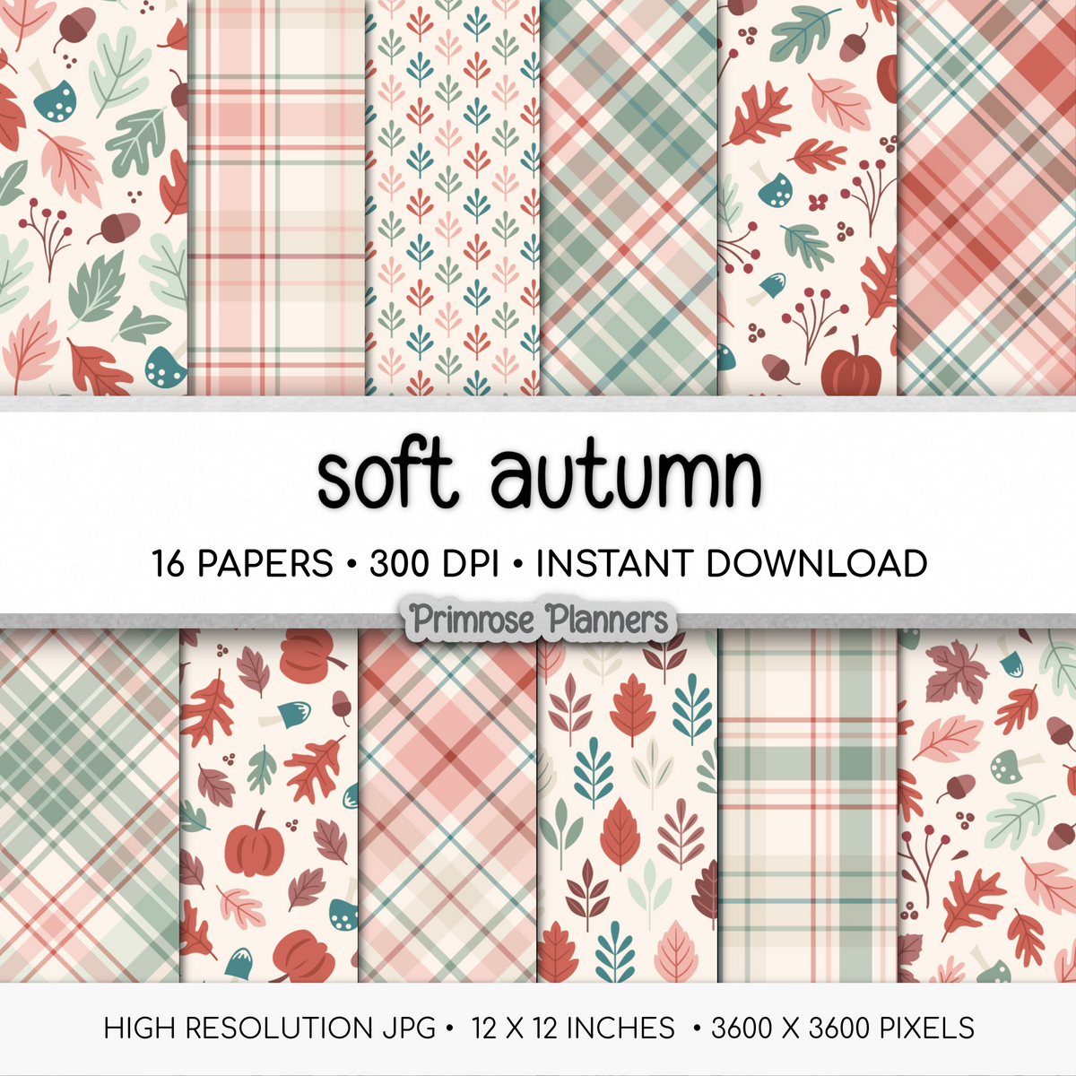 Soft Autumn Digital Paper Pack, Pastel Fall Plaid Backgrounds, Sage Green Pumpkin Patterns, Cute Thanksgiving Scrapbook Paper
