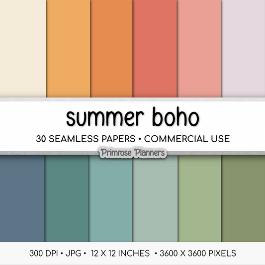 Solid Digital Paper Summer Boho | Retro Sunset Palette | Mauve, Lavender, Teal, Yellow, Orange | 300dpi Backgrounds