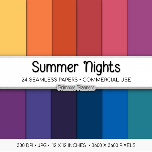 Solid Digital Paper Summer Nights | Muted Sunset Palette | Warm Yellow, Orange, Pink, Purple, Teal, Blue | Plain Background
