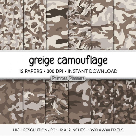 Greige Camouflage Digital Paper, Neutral Beige Gray Backgrounds (Instant Download)