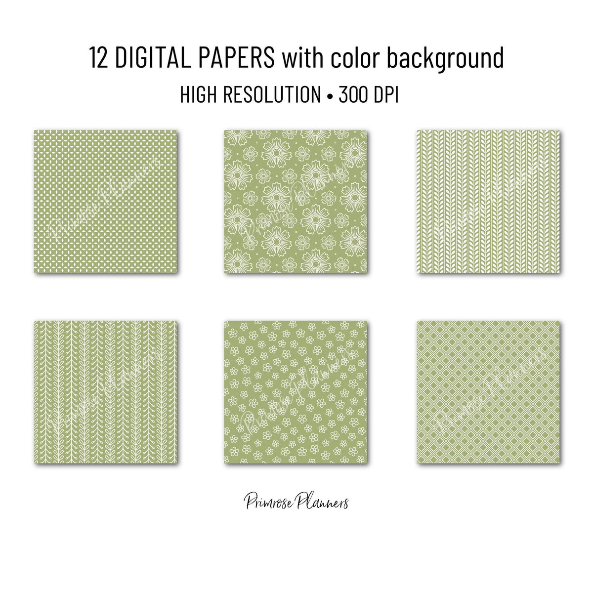 Sage Green Digital Paper Pack, Minimal Boho Floral Patterns, Earthy Green & White Scrapbook, Botanical Background