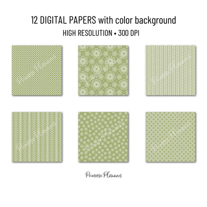Sage Green Digital Paper Pack, Minimal Boho Floral Patterns, Earthy Green & White Scrapbook, Botanical Background
