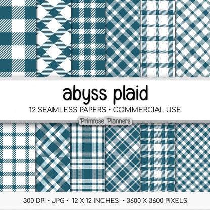 Seamless Dark Teal Plaid Digital Paper, Buffalo Check, Peacock Blue Tartan Patterns, Winter Scrapbook, Commercial Use, 300 DPI