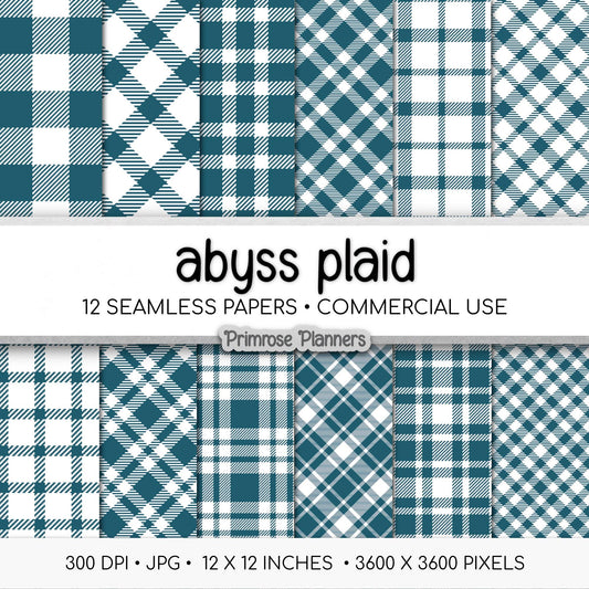 Seamless Dark Teal Plaid Digital Paper, Buffalo Check, Peacock Blue Tartan Patterns, Winter Scrapbook, Commercial Use, 300 DPI