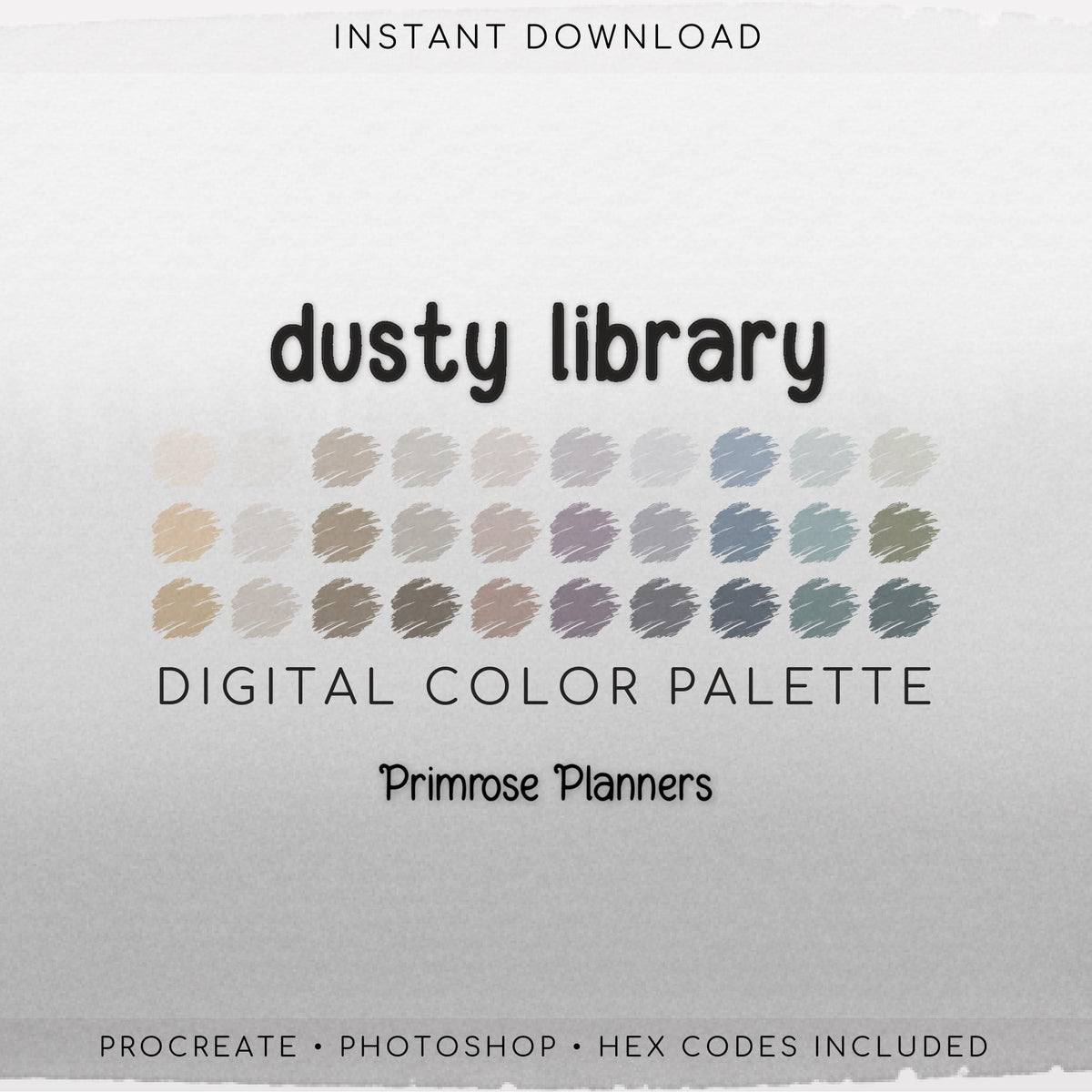 Dusty Library Procreate Palette & Photoshop Swatches, Neutral, Muted Mauve Purple Blue Sage Olive, Hex Codes