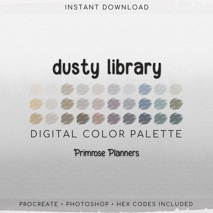 Dusty Library Procreate Palette & Photoshop Swatches, Neutral, Muted Mauve Purple Blue Sage Olive, Hex Codes