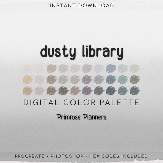 Dusty Library Procreate Palette & Photoshop Swatches, Neutral, Muted Mauve Purple Blue Sage Olive, Hex Codes