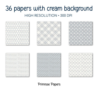 Coastal Farmhouse Digital Paper | Minimal Floral & Geometric Patterns | Dusty Blue, Chambray, White | French Country Scrapbook Backgrounds