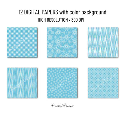 Aqua Blue Digital Paper Minimal Boho | Bright Teal White Seamless Patterns | Dainty Coastal Scrapbook Pack