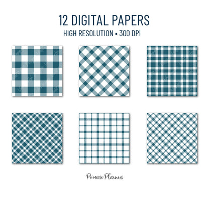 Seamless Dark Teal Plaid Digital Paper, Buffalo Check, Peacock Blue Tartan Patterns, Winter Scrapbook, Commercial Use, 300 DPI