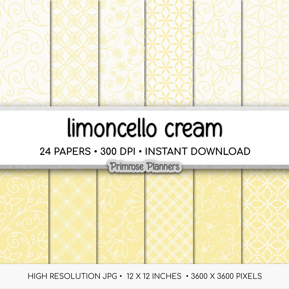 Limoncello Yellow Digital Paper | Floral Line Art, Geometric Trellis | Pale Lemon Pattern | Farmhouse Scrapbook Backgrounds