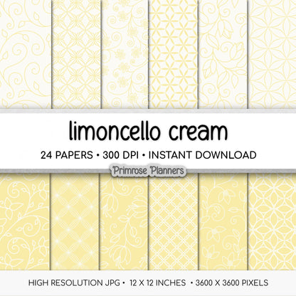 Limoncello Yellow Digital Paper | Floral Line Art, Geometric Trellis | Pale Lemon Pattern | Farmhouse Scrapbook Backgrounds
