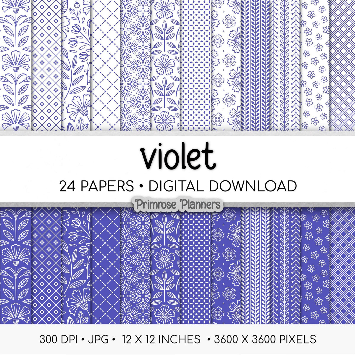 Bright Violet and White Digital Paper, Minimalist Boho Patterns, Ultra Violet Scrapbooking, Bold Planner Print