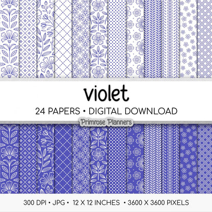 Bright Violet and White Digital Paper, Minimalist Boho Patterns, Ultra Violet Scrapbooking, Bold Planner Print