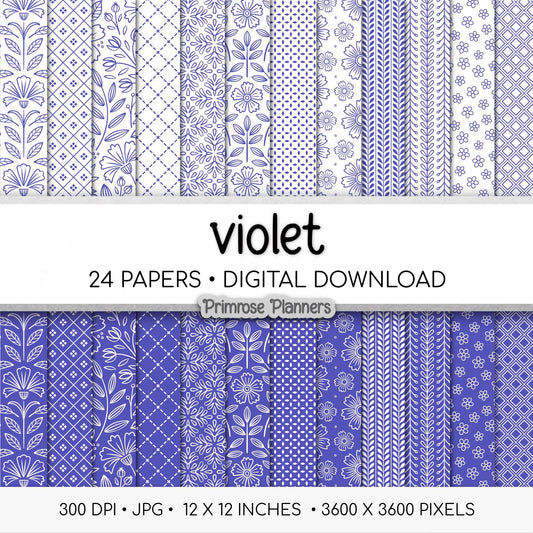 Bright Violet and White Digital Paper, Minimalist Boho Patterns, Ultra Violet Scrapbooking, Bold Planner Print