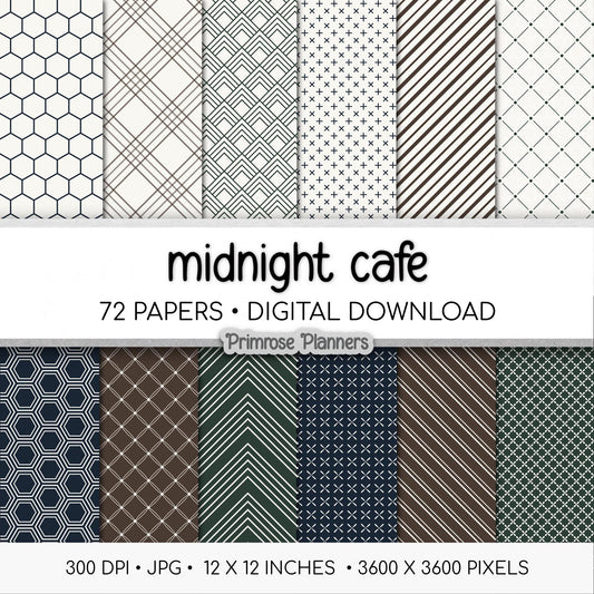 Midnight Cafe Digital Paper Bundle | Dark Academia Floral, Geometric Patterns | Espresso, Elegant Navy, Deep Forest Green | Moody Darks