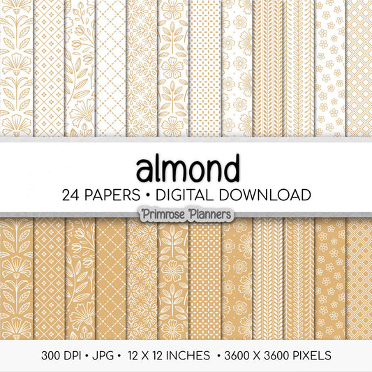 Almond and White Digital Paper, Minimalist Boho Patterns, Sand & Nude Scrapbooking, Neutral Aesthetic Print