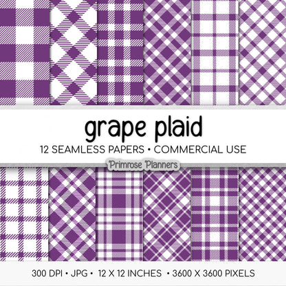 Seamless Grape Purple Plaid Digital Paper, Buffalo Check, Violet Tartan Patterns, Halloween Scrapbook, Commercial Use, 300 DPI