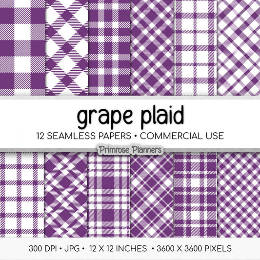 Seamless Grape Purple Plaid Digital Paper, Buffalo Check, Violet Tartan Patterns, Halloween Scrapbook, Commercial Use, 300 DPI