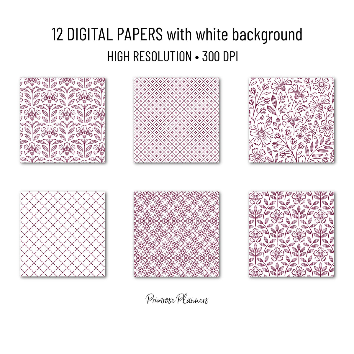 Burgundy Jam Red Floral Digital Paper, Minimal White Flower Seamless Patterns, Deep Wine Scrapbook Backgrounds