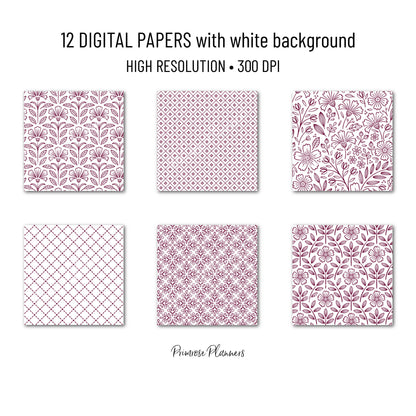 Burgundy Jam Red Floral Digital Paper, Minimal White Flower Seamless Patterns, Deep Wine Scrapbook Backgrounds