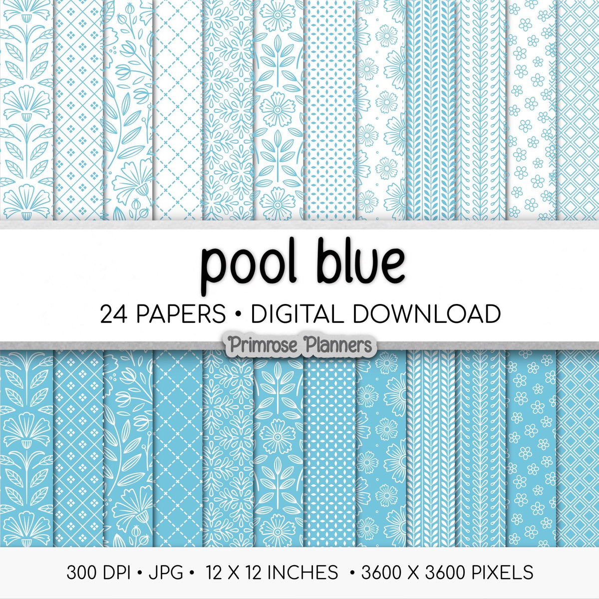 Aqua Blue Digital Paper Minimal Boho | Bright Teal White Seamless Patterns | Dainty Coastal Scrapbook Pack