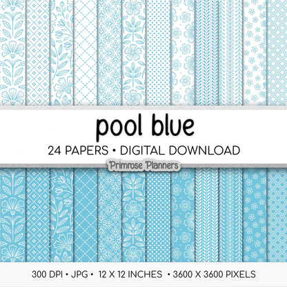 Aqua Blue Digital Paper Minimal Boho | Bright Teal White Seamless Patterns | Dainty Coastal Scrapbook Pack