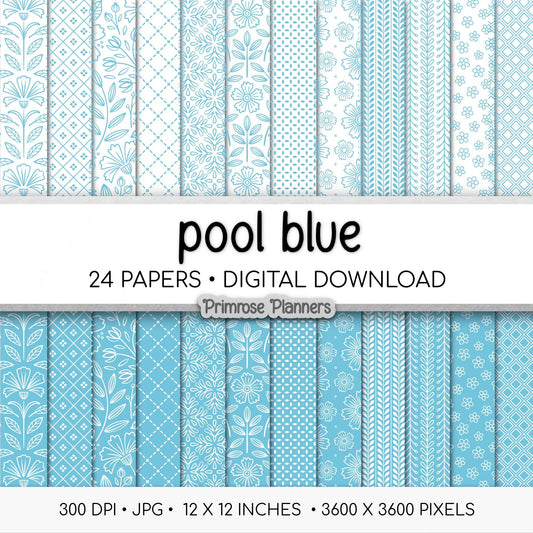 Aqua Blue Digital Paper Minimal Boho | Bright Teal White Seamless Patterns | Dainty Coastal Scrapbook Pack