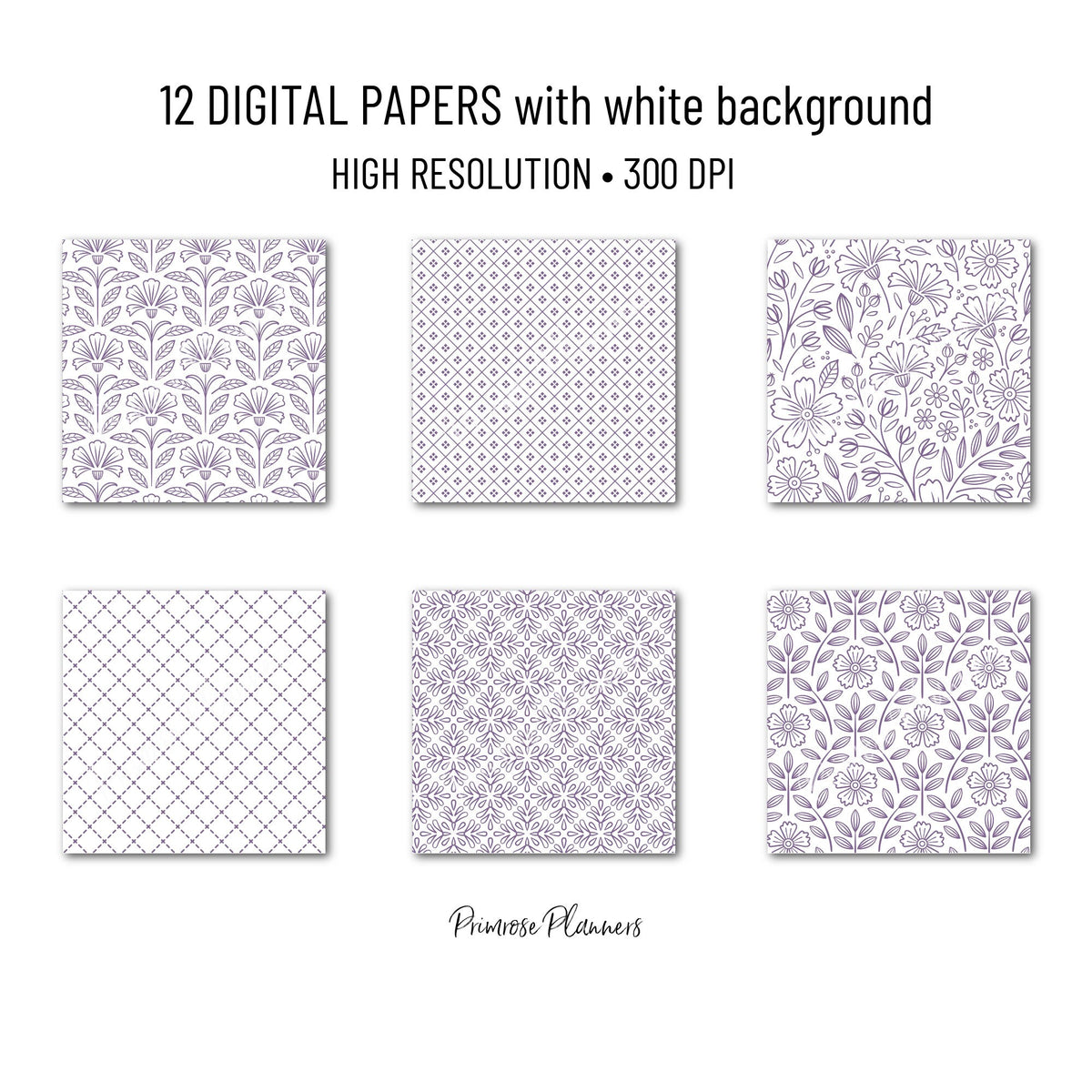 Muted Mauve Purple Digital Paper Minimal Boho | White Dusty Rose Seamless Patterns | Dainty Floral Scrapbook Pack