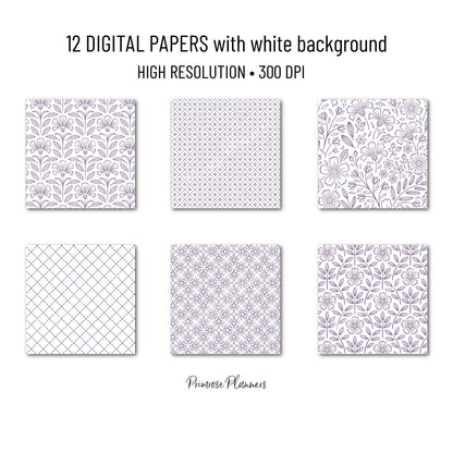 Muted Mauve Purple Digital Paper Minimal Boho | White Dusty Rose Seamless Patterns | Dainty Floral Scrapbook Pack