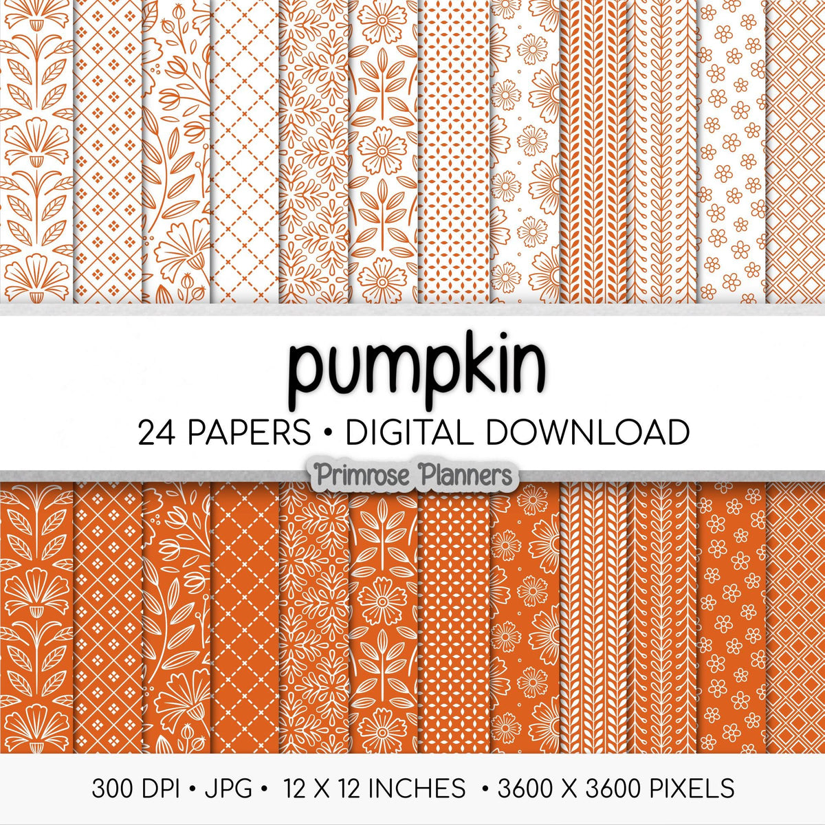 Pumpkin Orange Digital Paper Pack, Minimal Boho Floral Patterns, Fall Orange & White Scrapbook, Autumn Botanical Background