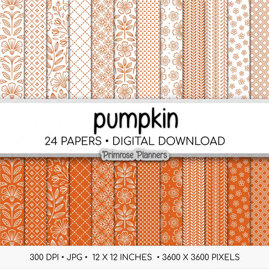 Pumpkin Orange Digital Paper Pack, Minimal Boho Floral Patterns, Fall Orange & White Scrapbook, Autumn Botanical Background
